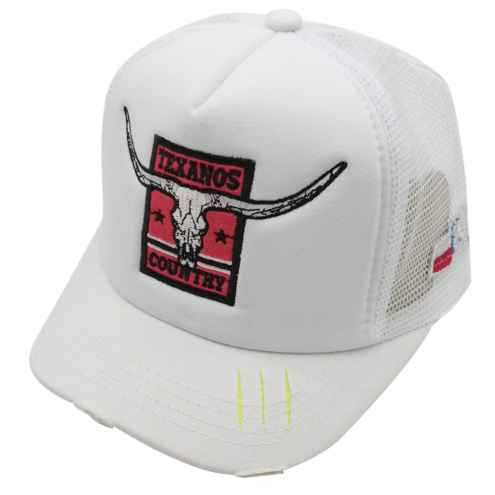 TEXANOS COUNTRY Texas Steer Head Embroidered Mesh Back White Trucker Hat