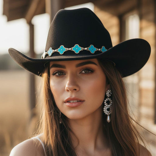 Quatrefoil Black & Turquoise  Link Chain Band Accent Plain Western Cowboy Fedora Hat