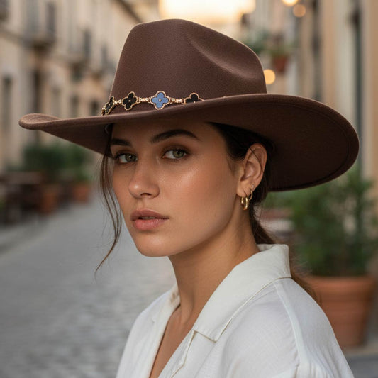 Quatrefoil Brown  Link Chain Band Accent Plain Western Cowboy Fedora Hat