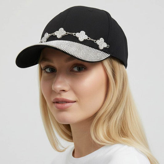 Black Bling Studded Panel Quatrefoil Link Chain Accent Baseball Cap