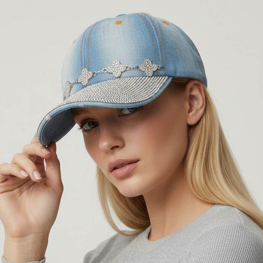 Light Blue Bling Studded Panel Quatrefoil Link Chain Accent Baseball Cap
