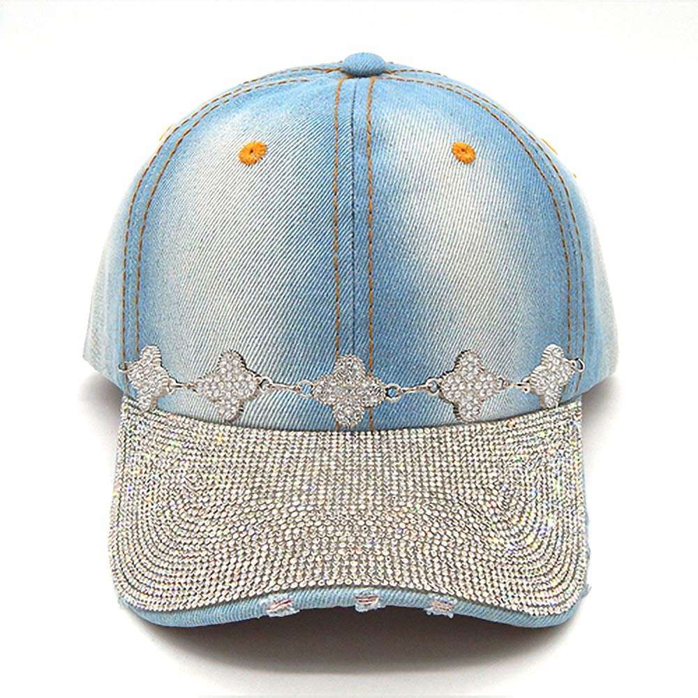 Light Blue Bling Studded Panel Quatrefoil Link Chain Accent Baseball Cap M H W ACCESSORIES LLC Light Blue Bling Studded Panel Quatrefoil Link Chain Accent Baseball Cap