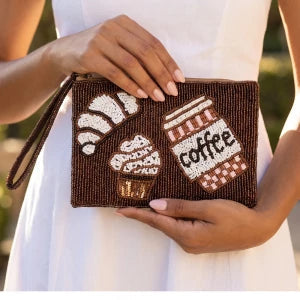 Coffee And Croissant Beaded Zip Women's Pouch M H W ACCESSORIES LLC Coffee And Croissant Beaded Zip Women's Pouch