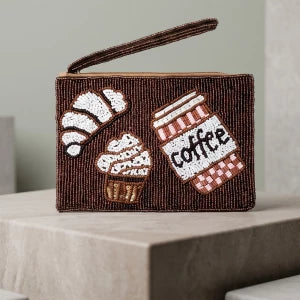 Coffee And Croissant Beaded Zip Women's Pouch M H W ACCESSORIES LLC Coffee And Croissant Beaded Zip Women's Pouch