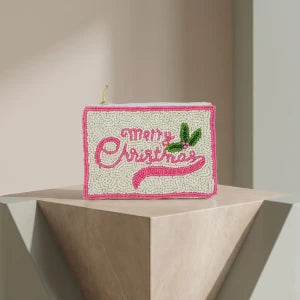 Merry Christmas Script Beaded Coin Pouch M H W ACCESSORIES LLC Merry Christmas Script Beaded Coin Pouch