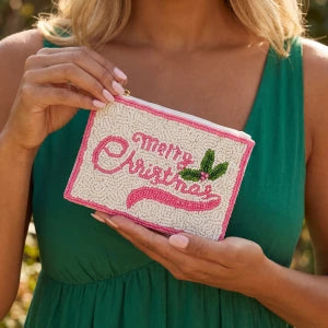 Merry Christmas Script Beaded Coin Pouch M H W ACCESSORIES LLC Merry Christmas Script Beaded Coin Pouch