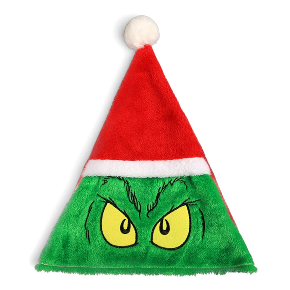 Color Brink Grinch Face Embroidered Pom Pom Santa Hat M H W ACCESSORIES LLC Color Brink Grinch Face Embroidered Pom Pom Santa Hat