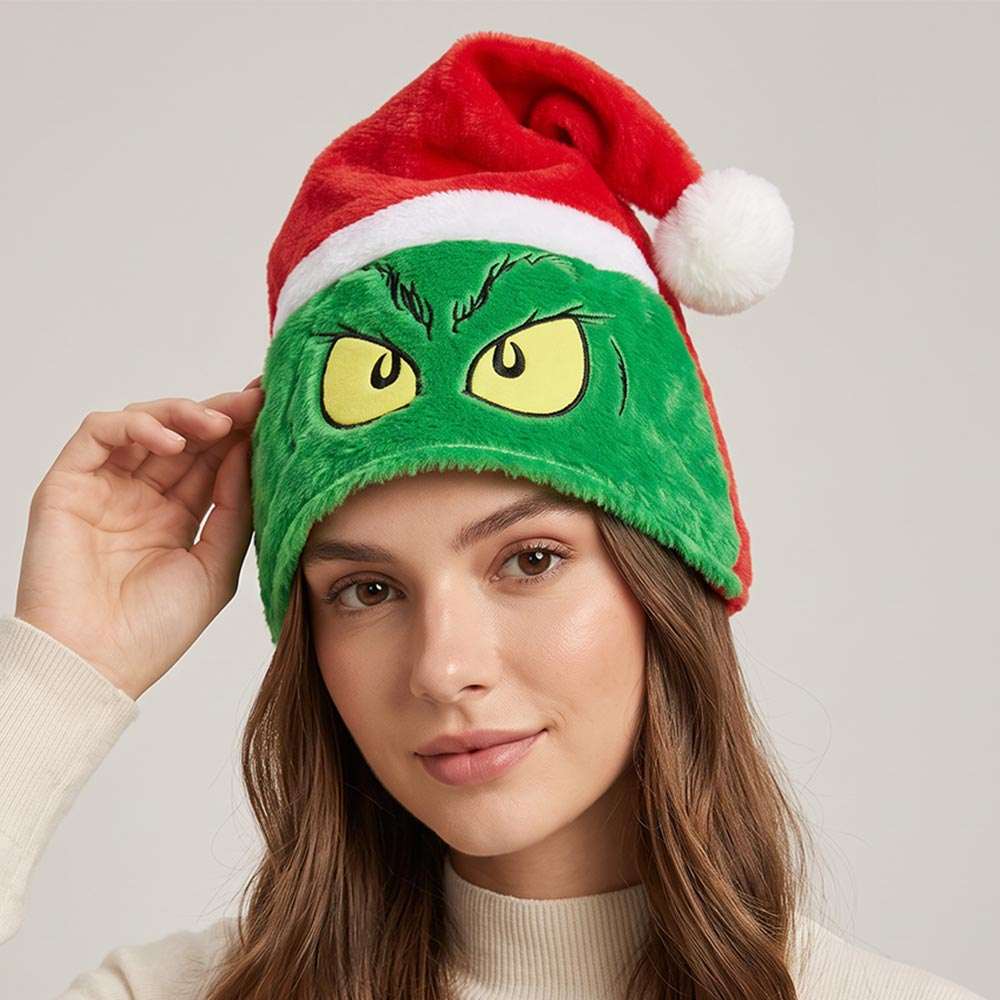 Color Brink Grinch Face Embroidered Pom Pom Santa Hat M H W ACCESSORIES LLC Color Brink Grinch Face Embroidered Pom Pom Santa Hat