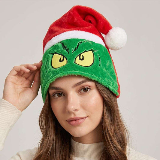 Color Brink Grinch Face Embroidered Pom Pom Santa Hat M H W ACCESSORIES LLC Color Brink Grinch Face Embroidered Pom Pom Santa Hat