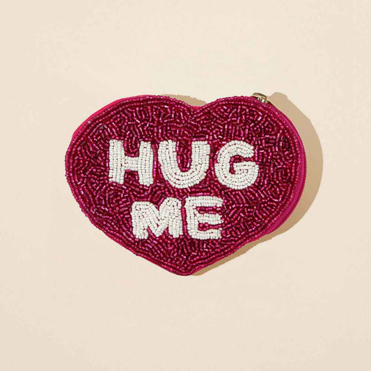 HUG ME Message Heart Shaped Seed Beaded Mini Pouch Bag