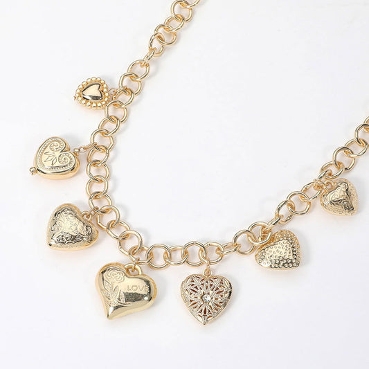 Heart Locket Metal Heart Gold Charm Station Chain Necklace - M H W ACCESSORIES LLC
