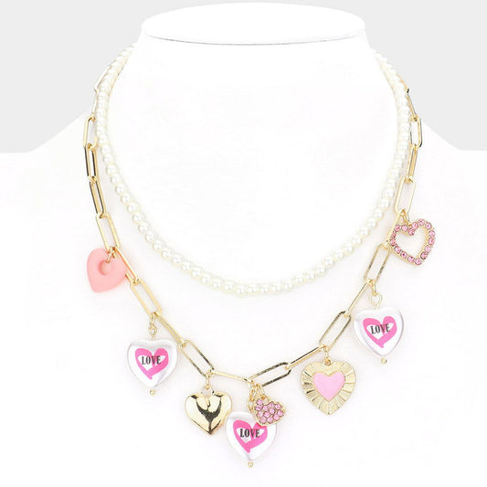 Heart Pendant Station Pearl Double Layer Pearl Double Layered Necklace - M H W ACCESSORIES LLC