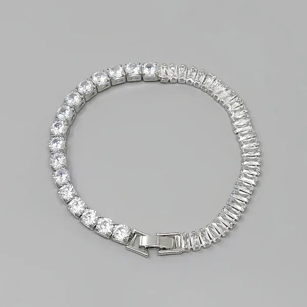 Emerald Cut & Round CZ Stone Silver Pave Statement Bracelet