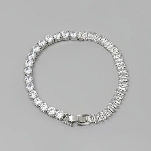 Emerald Cut & Round CZ Stone Silver Pave Statement Bracelet