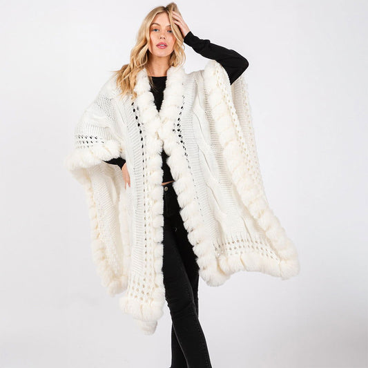 Ivory Faux Fur Collar and Trim Cape with Closure - M H W ACCESSORIES LLC