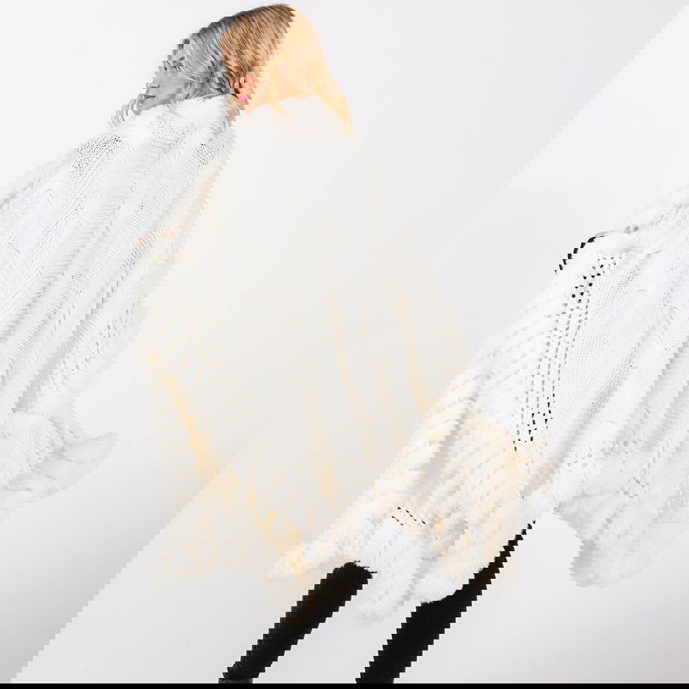 Ivory Faux Fur Collar and Trim Cape with Closure - M H W ACCESSORIES LLC
