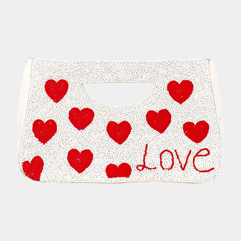 Ivory Love Heart Patterned Seed Beaded Tote / Crossbody Bag - M H W ACCESSORIES LLC