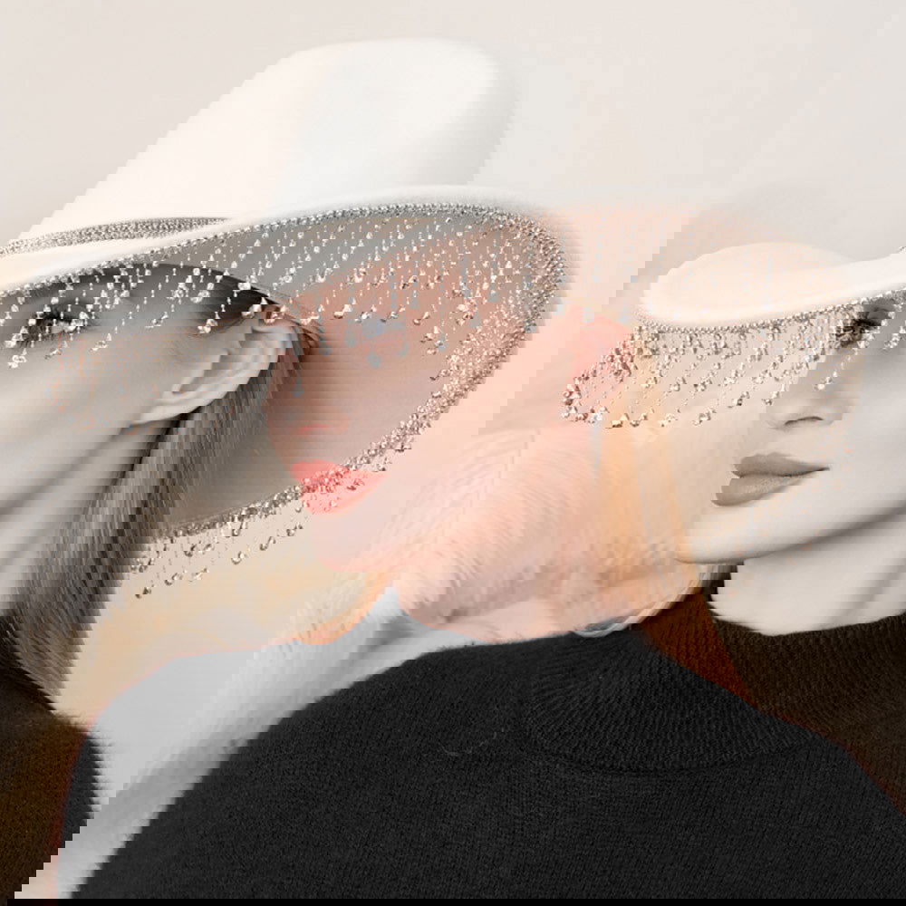 Ivory Rhinestone Embellished Band Pointed Rhinestone Stone Paved Fringe Around Cowboy Western Hat - M H W ACCESSORIES LLC