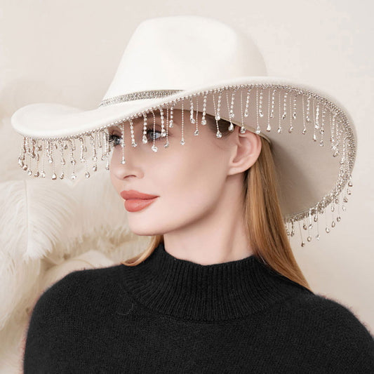 Ivory Rhinestone Embellished Band Pointed Rhinestone Stone Paved Fringe Around Cowboy Western Hat - M H W ACCESSORIES LLC
