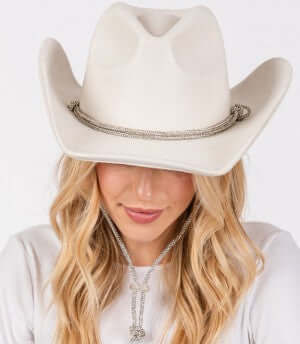 Ivory Rhinestone Rope Strap Western Cowboy Hat - M H W ACCESSORIES LLC