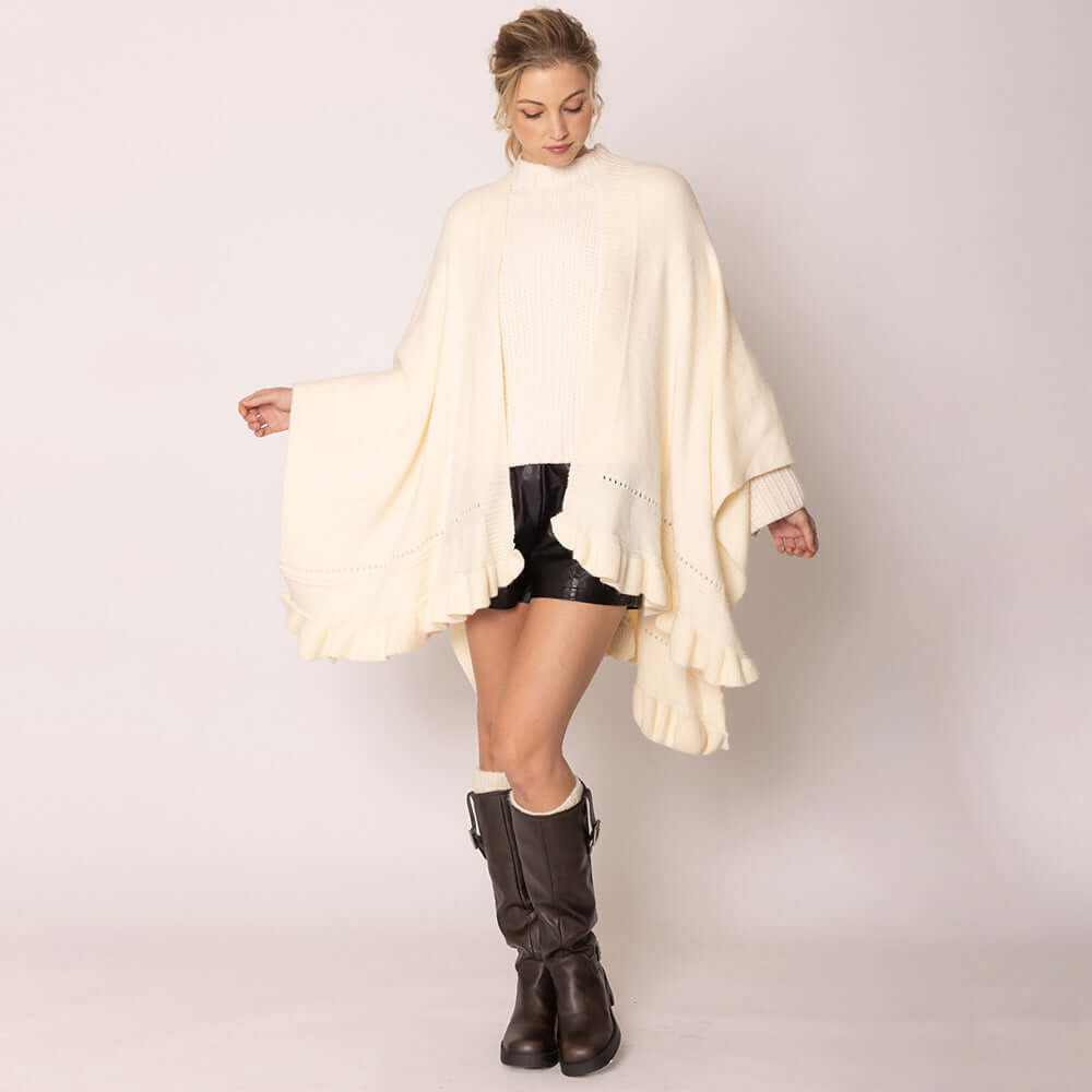 Ivory Ruffle Hem Knit Ruana - M H W ACCESSORIES LLC