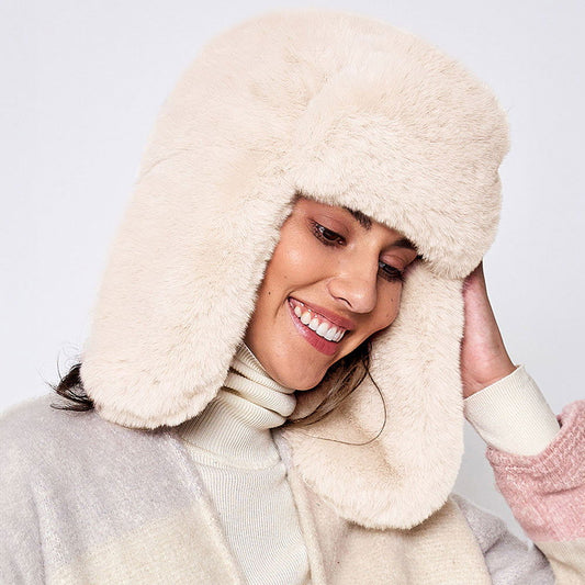 Ivory Solid Faux Fur Trapper Hat - M H W ACCESSORIES LLC