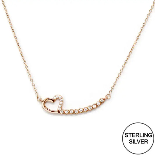 Rose Gold Plated CZ Pave Heart Shape Pendant Sterling Silver Chain Necklace