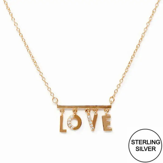 Rose Gold CZ Pave LOVE Letter Bar Pendant Sterling Silver Chain Necklace