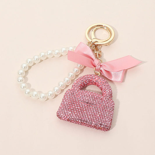 Bling Studded Pink  Bow Handbag /Keychain Charm Pearl Beaded Wristlet M H W ACCESSORIES LLC Bling Studded Pink  Bow Handbag /Keychain Charm Pearl Beaded Wristlet