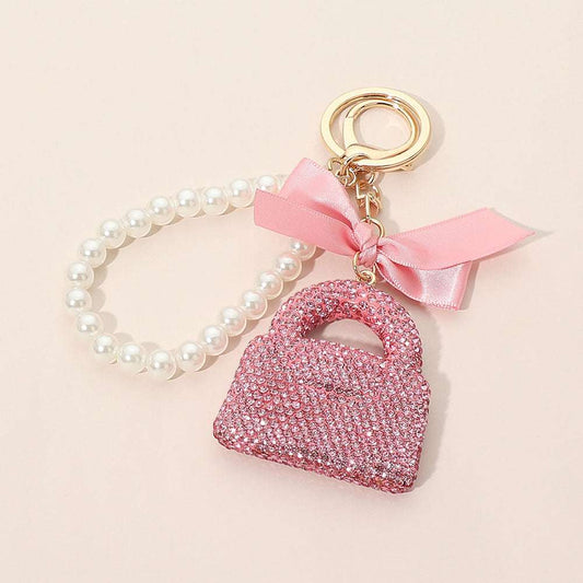 Bling Studded Pink  Bow Handbag /Keychain Charm Pearl Beaded Wristlet M H W ACCESSORIES LLC Bling Studded Pink  Bow Handbag /Keychain Charm Pearl Beaded Wristlet