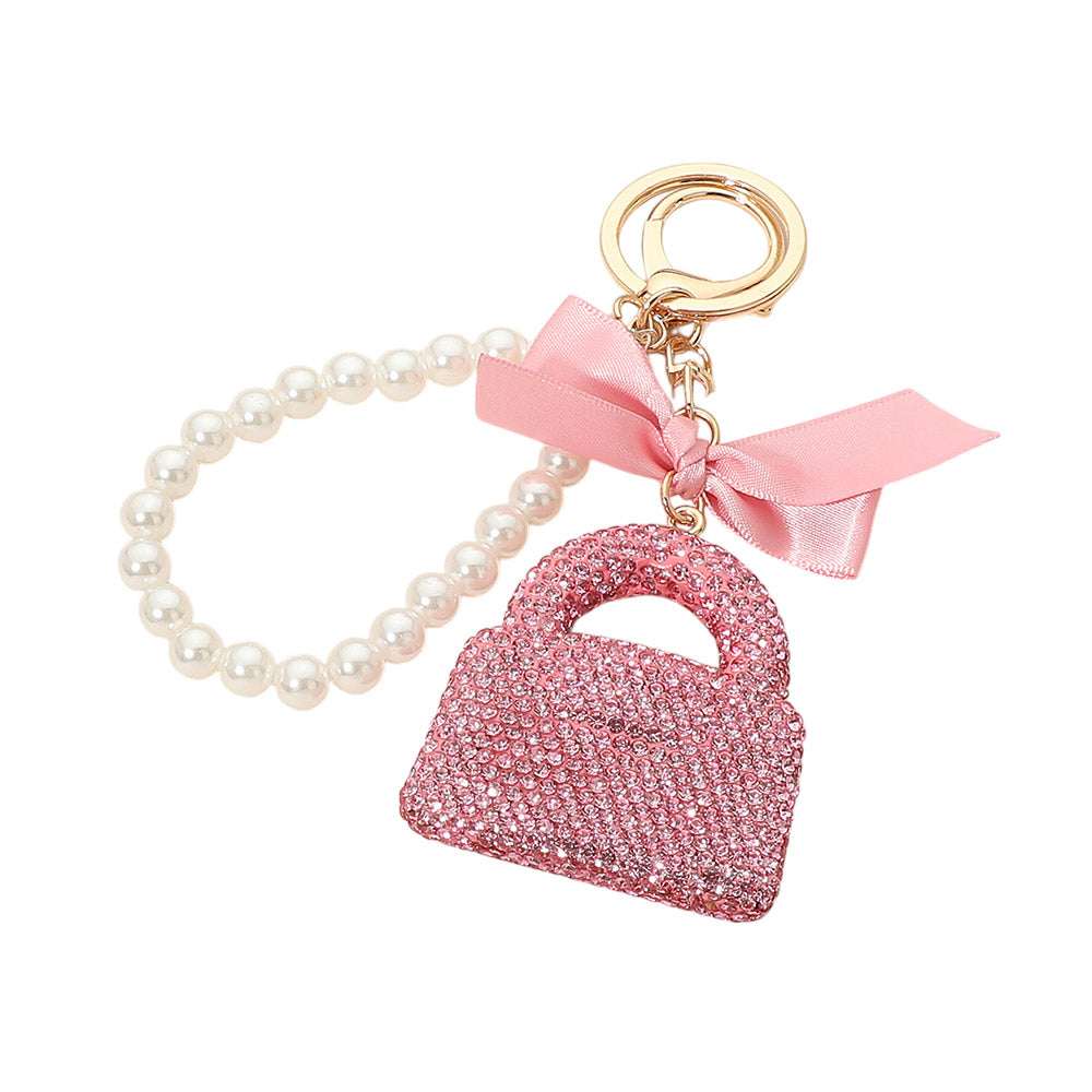 Bling Studded Pink  Bow Handbag /Keychain Charm Pearl Beaded Wristlet M H W ACCESSORIES LLC Bling Studded Pink  Bow Handbag /Keychain Charm Pearl Beaded Wristlet