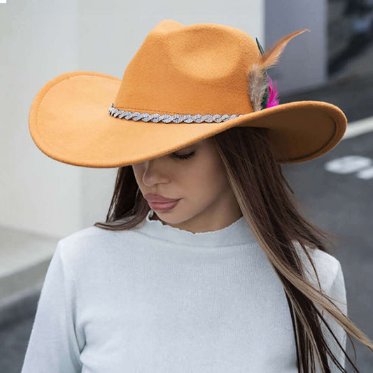 Khaki Feather Rhinestone Paved Twisted Band Accented Fedora Hat - M H W ACCESSORIES LLC