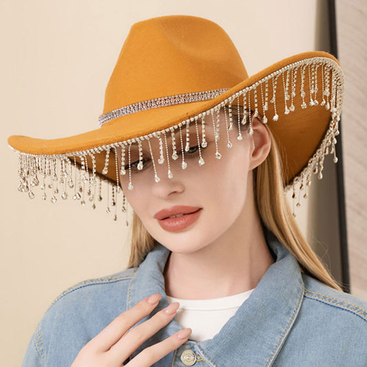 Khaki Rhinestone Embellished Band Pointed Rhinestone Stone Paved Fringe Around Cowboy Western Hat - M H W ACCESSORIES LLC