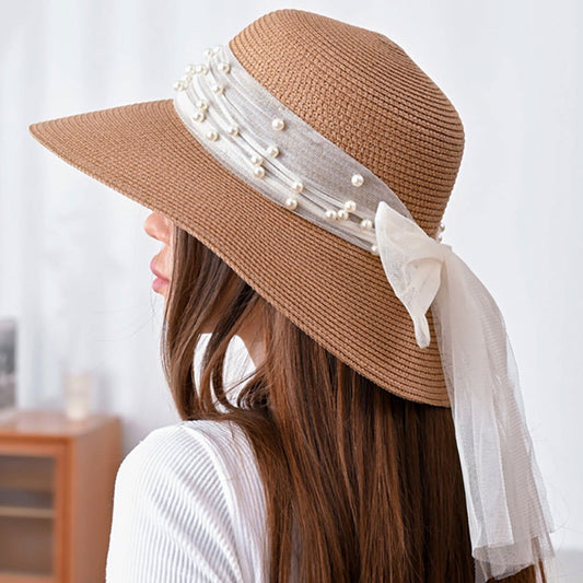 Khaki STRAW SUN HAT WITH PEARL RIBBON BAND - M H W ACCESSORIES LLC
