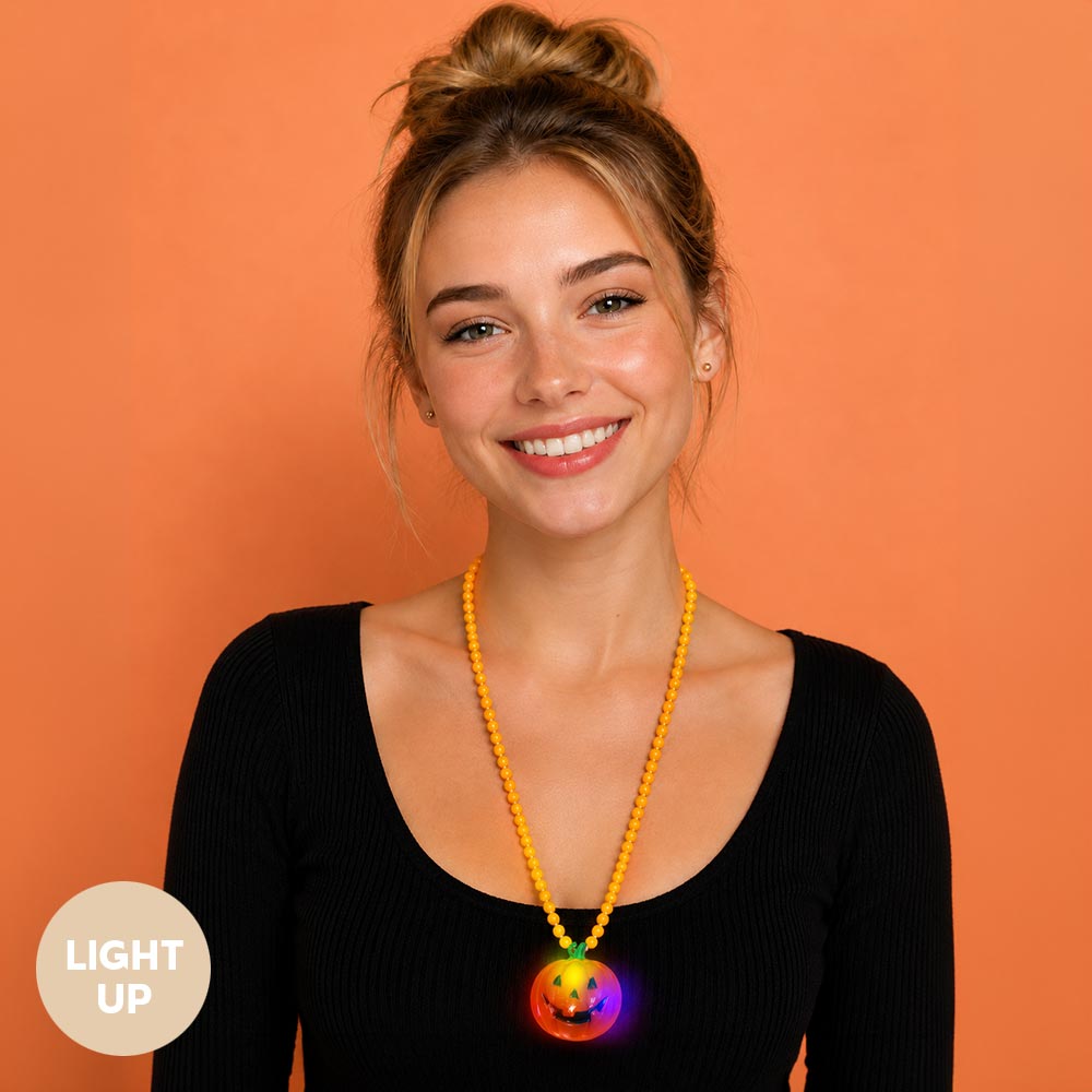 Light Up Halloween Jack O Lantern Pumpkin Pendant Beaded Long Necklace M H W ACCESSORIES LLC Light Up Halloween Jack O Lantern Pumpkin Pendant Beaded Long Necklace