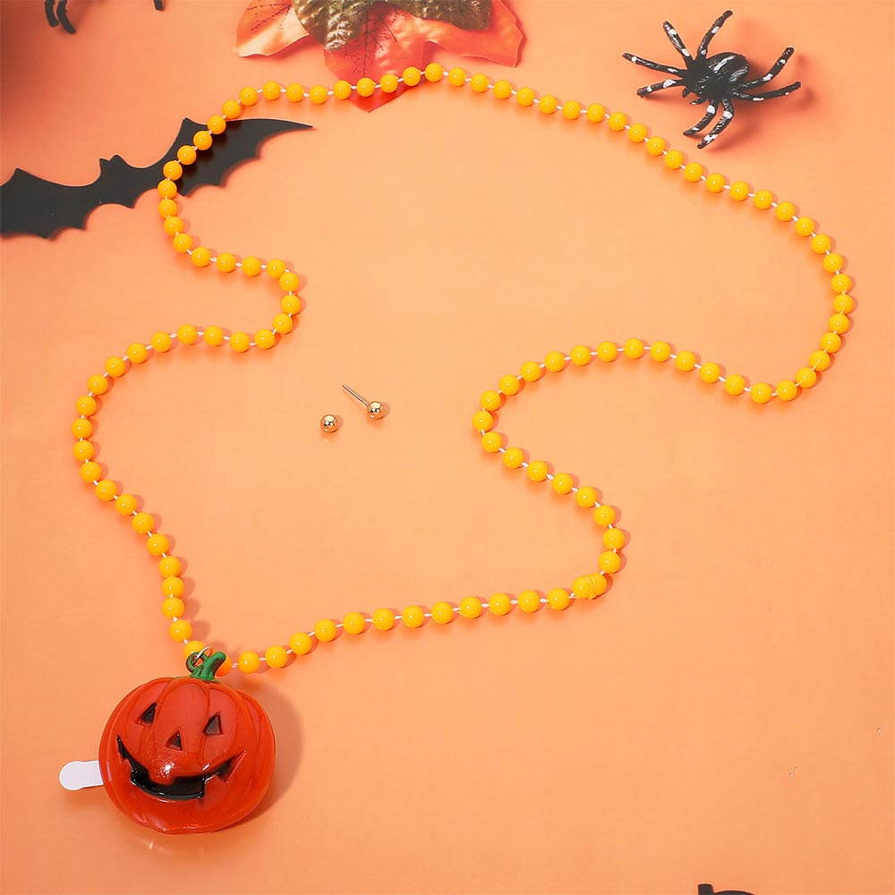 Light Up Halloween Jack O Lantern Pumpkin Pendant Beaded Long Necklace M H W ACCESSORIES LLC Light Up Halloween Jack O Lantern Pumpkin Pendant Beaded Long Necklace
