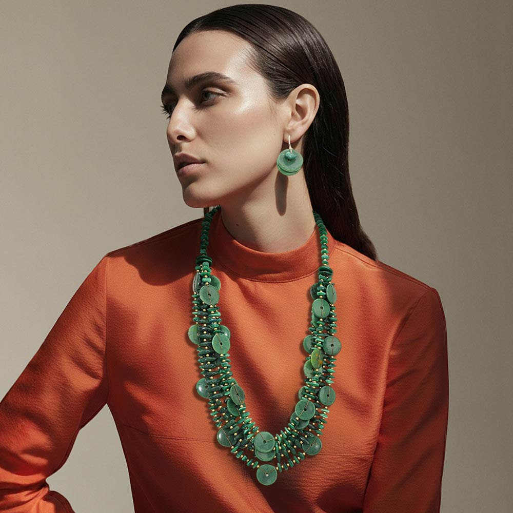 Resin Disc Green Charm Beaded Layered Statement Long Necklace