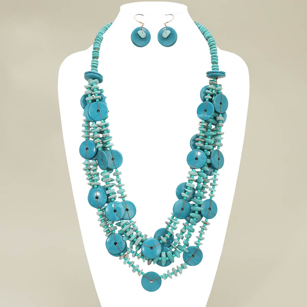 Resin Disc Blue Charm Beaded Layered Statement Long Necklace