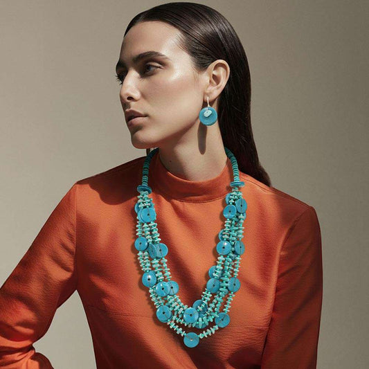 Resin Disc Blue Charm Beaded Layered Statement Long Necklace M H W ACCESSORIES LLC Resin Disc Blue Charm Beaded Layered Statement Long Necklace