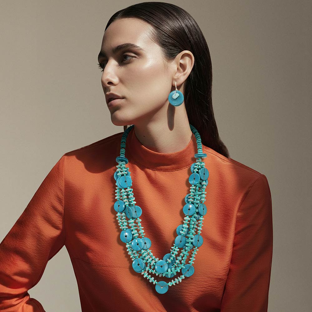 Resin Disc Blue Charm Beaded Layered Statement Long Necklace