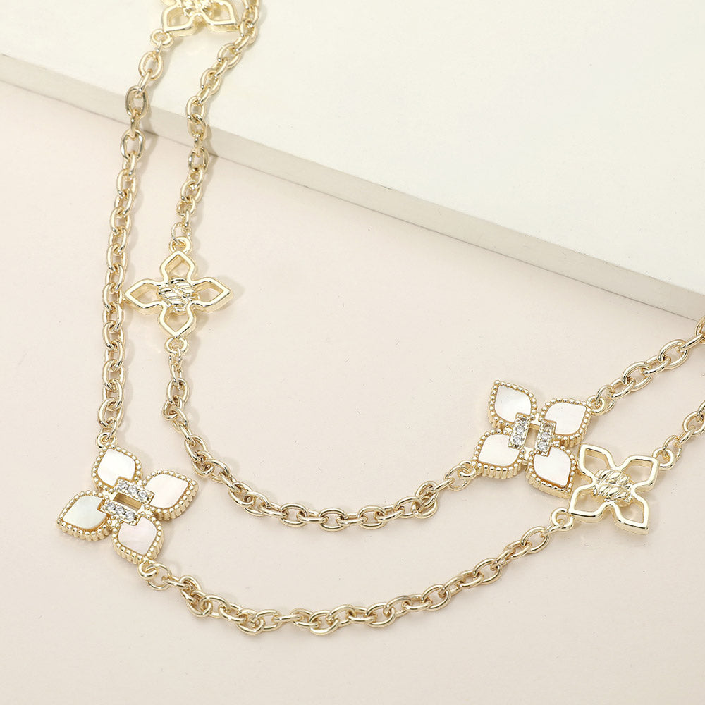 14K Gold Plated CZ Accent Mother of Pearl Floral Motif Station Layered Long Necklace