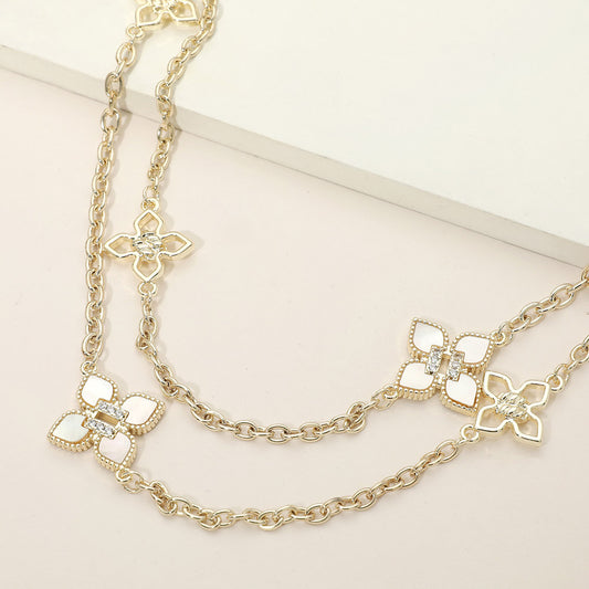 14K Gold Plated CZ Accent Mother of Pearl Floral Motif Station Layered Long Necklace