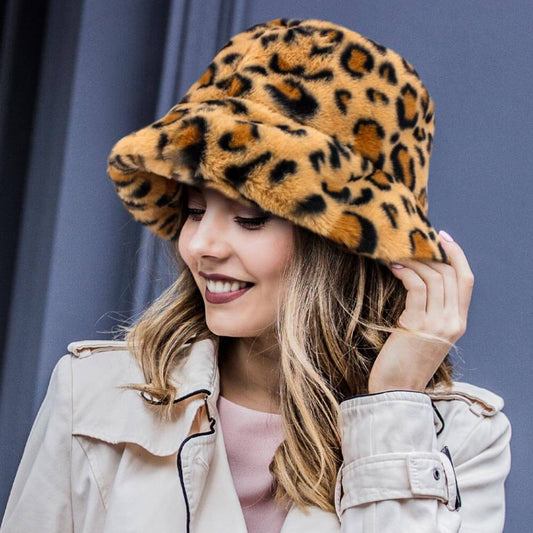 Leopard Patterned Faux Fur Bucket Hat - M H W ACCESSORIES LLC