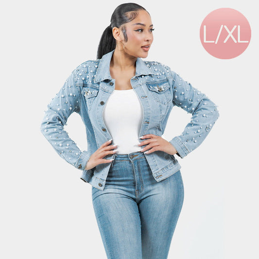 Light Blue Bling Pearl Denim Jacket - M H W ACCESSORIES LLC
