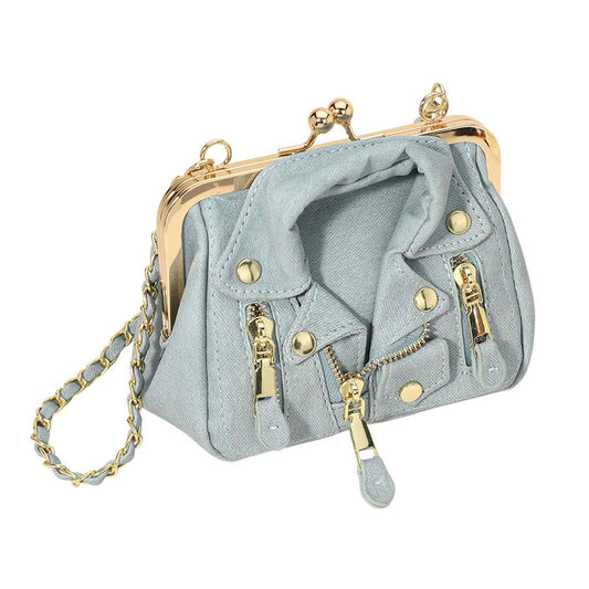 Light Denim Faux Leather Motorcycle Jacket Purse / Crossbody Bag - M H W ACCESSORIES LLC