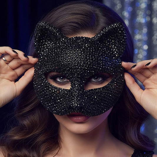 Black Bling Crystal Studded Cat Costume Party Mask M H W ACCESSORIES LLC Black Bling Crystal Studded Cat Costume Party Mask