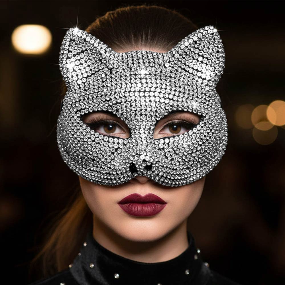Silver Bling Crystal Studded Cat Costume Party Mask M H W ACCESSORIES LLC Silver Bling Crystal Studded Cat Costume Party Mask