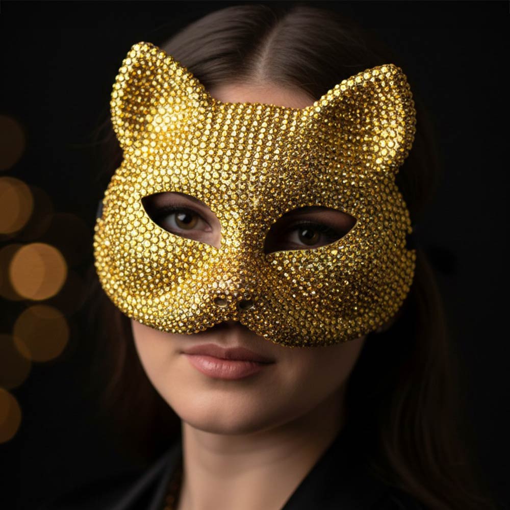 Gold Bling Crystal Studded Cat Costume Party Mask M H W ACCESSORIES LLC Gold Bling Crystal Studded Cat Costume Party Mask