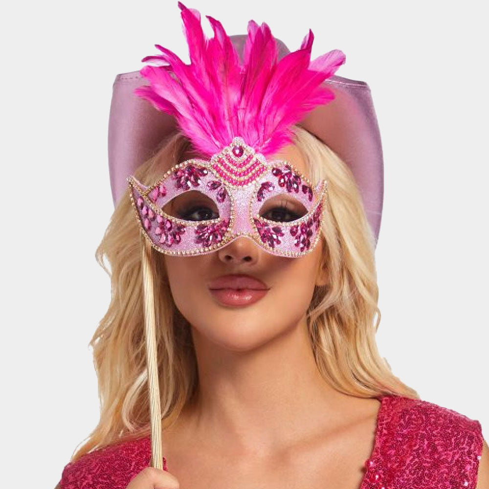 Pink Rhinestone Feather Embellished Masquerade Halloween Mask M H W ACCESSORIES LLC Pink Rhinestone Feather Embellished Masquerade Halloween Mask