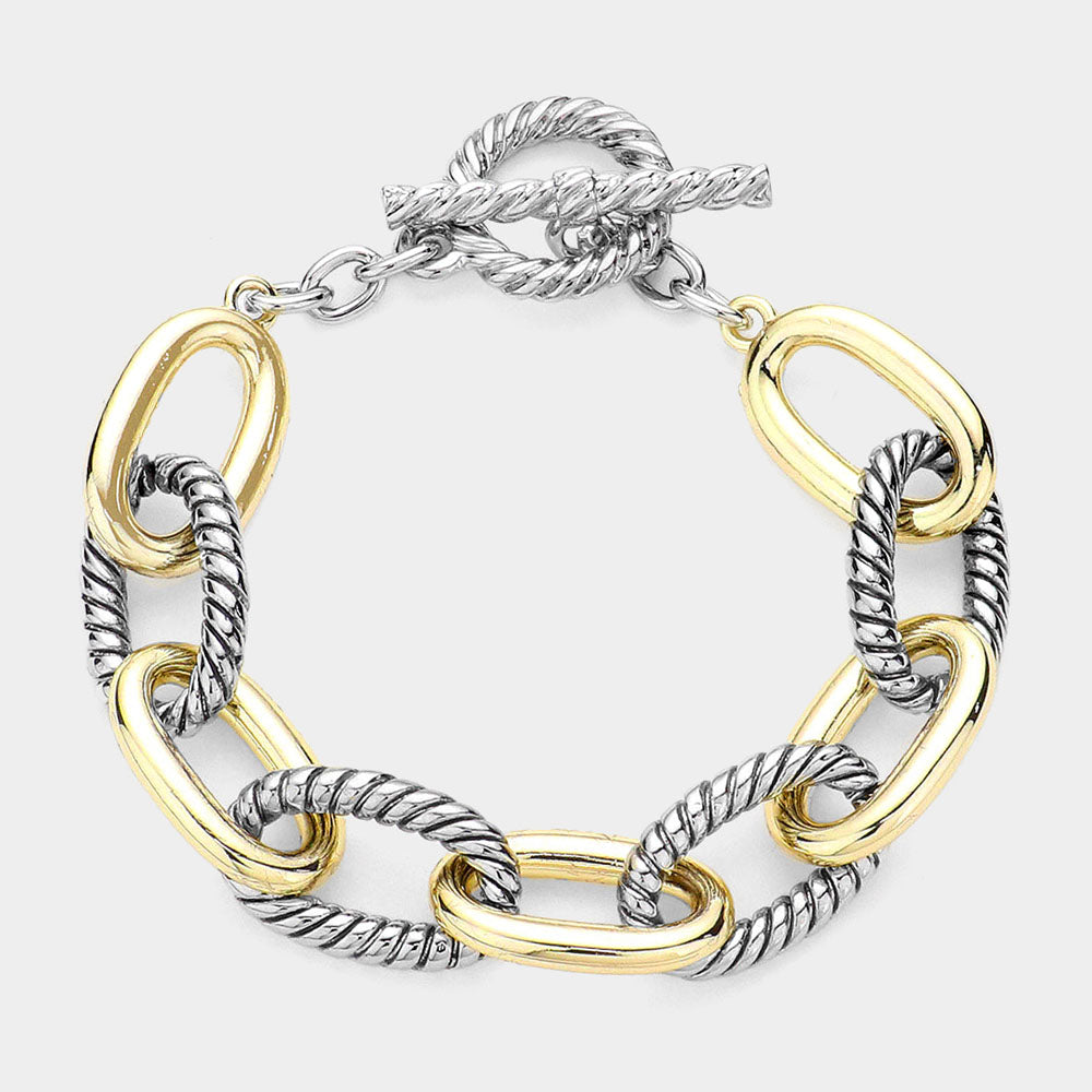 Silver Two Tone Textured Metal Cable Link Toggle Bracelet - M H W ACCESSORIES LLC